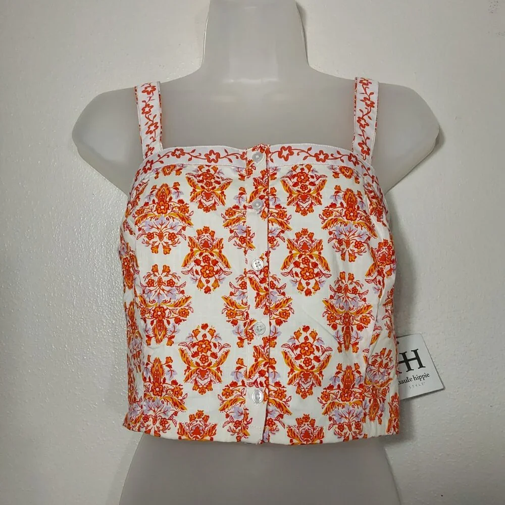 NWT Haute Hippie Sleeveless Floral Crop Top 100% Cotton Orange White - Large - Picture 2 of 9